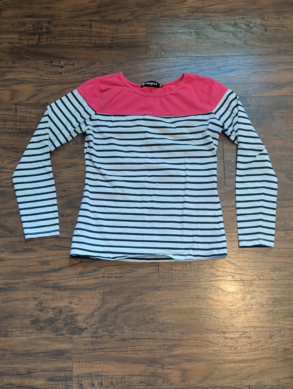 Allegra K Black-and-White Striped Long Sleeve Top with Pink Yoke